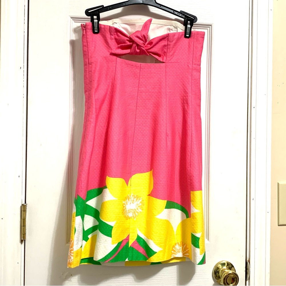 Lilly Pulitzer Strapless Mini Dress 00 Franco Dancing Daffodils Pink 100% Cotton - Picture 5 of 14